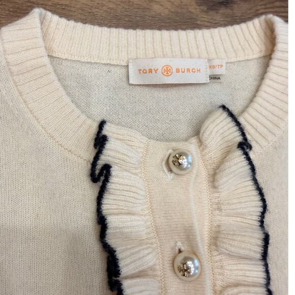 Tory Burch EMILY Cashmere Sweater Gold Logo Pearl Button Front Ivory White XS - Picture 9 of 12